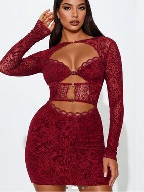 Burgundy Lace Cutout Long Sleeve Mini Dress